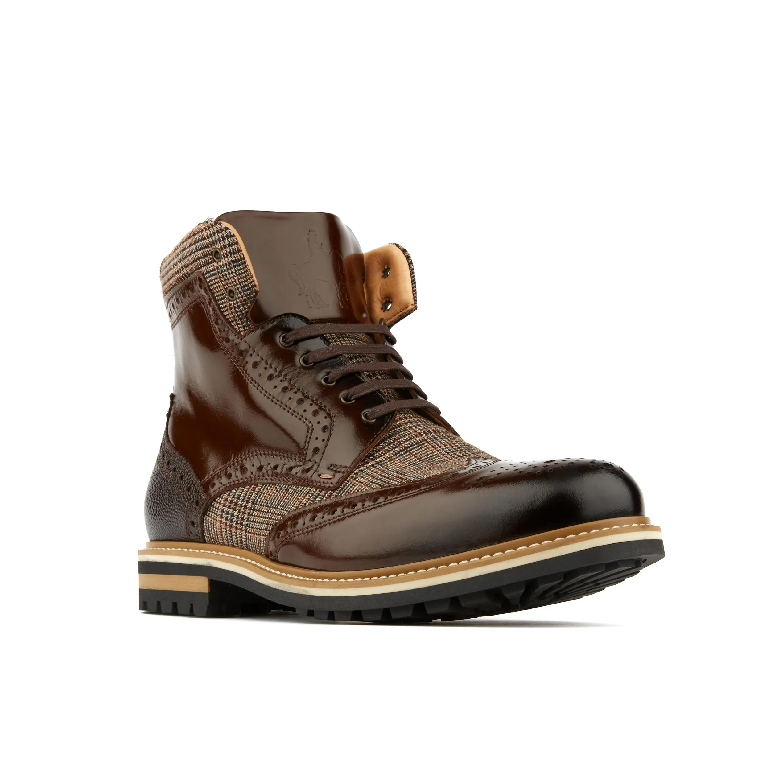 WANDERER BROWN CHECK - Men's combat style size sipper boot in leather and textile