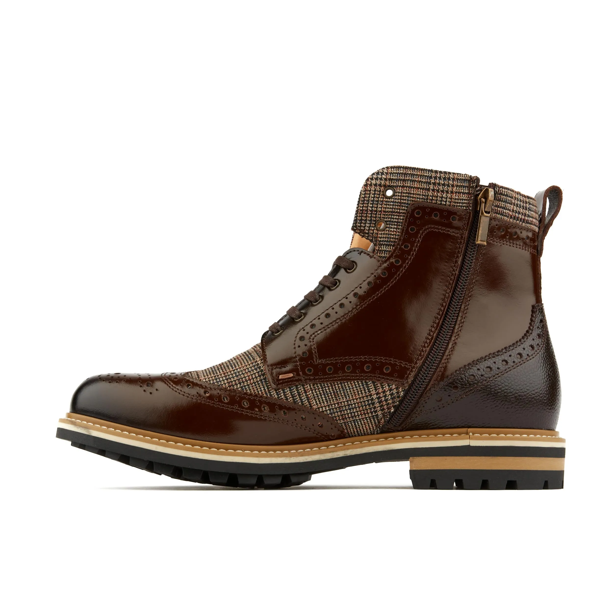 WANDERER BROWN CHECK - Men's combat style size sipper boot in leather and textile