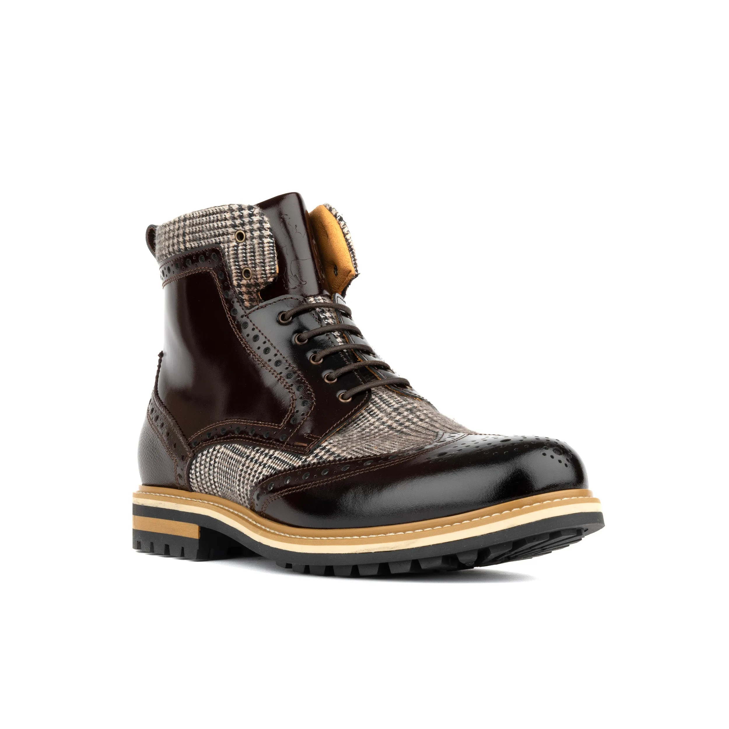 WANDERER BROWN CHECK - Men's leather combat style size sipper boot in brown