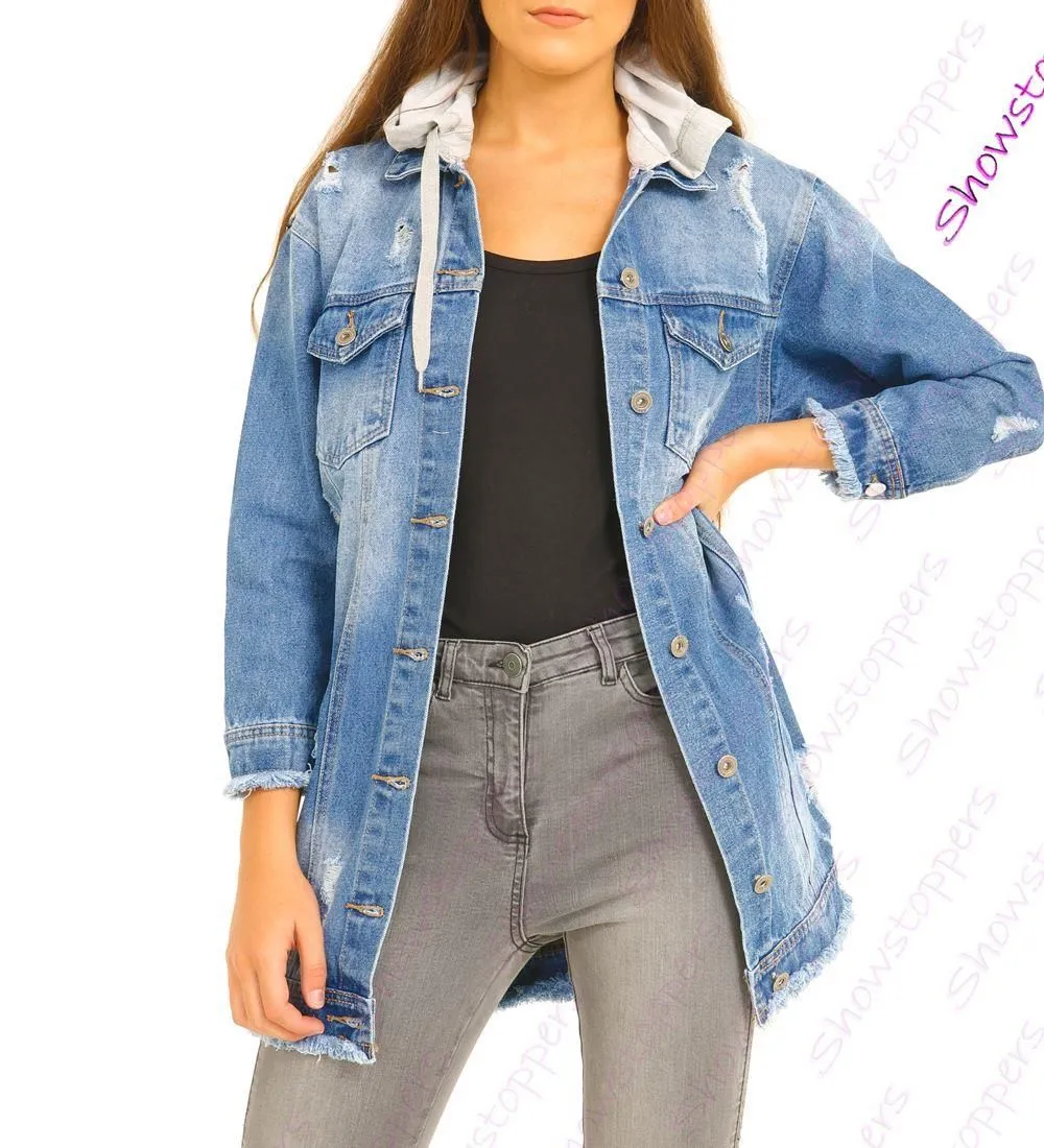 Womens Distressed Denim Oversized Jacket Size 8 10 12 14 Stonewash Blue