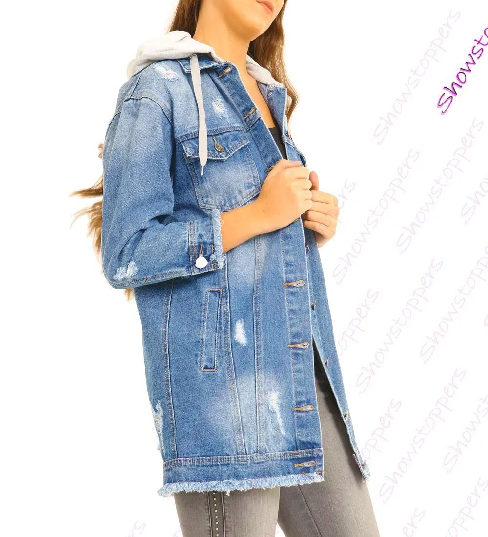 Womens Distressed Denim Oversized Jacket Size 8 10 12 14 Stonewash Blue