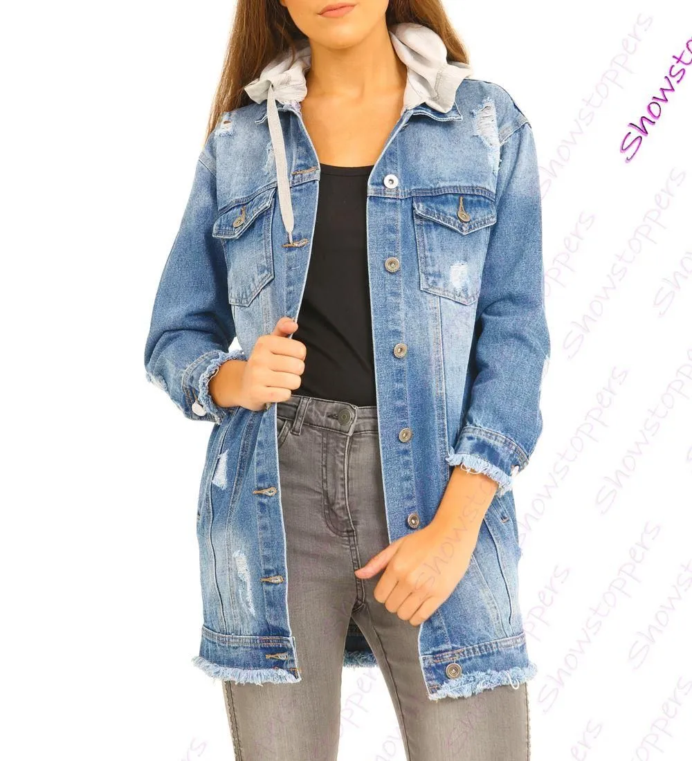 Womens Distressed Denim Oversized Jacket Size 8 10 12 14 Stonewash Blue