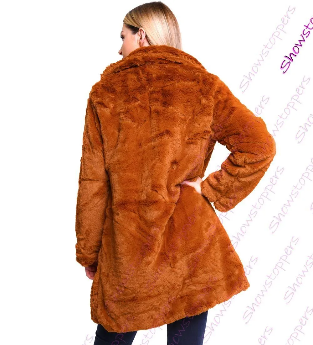 Womens Faux Fur Coat Black Brown Long Jacket Size 10 12 14 16