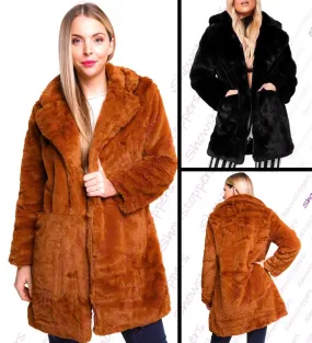 Womens Faux Fur Coat Black Brown Long Jacket Size 10 12 14 16