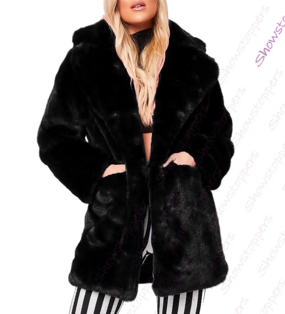 Womens Faux Fur Coat Black Brown Long Jacket Size 10 12 14 16