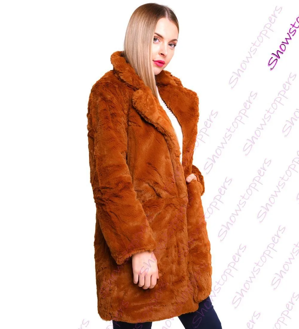 Womens Faux Fur Coat Black Brown Long Jacket Size 10 12 14 16