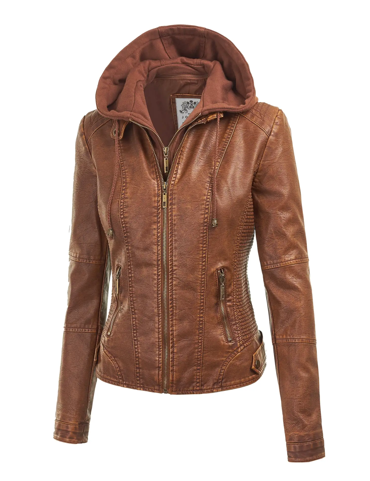 Womens Faux Leather Motorcycle Jacket with Hoodie