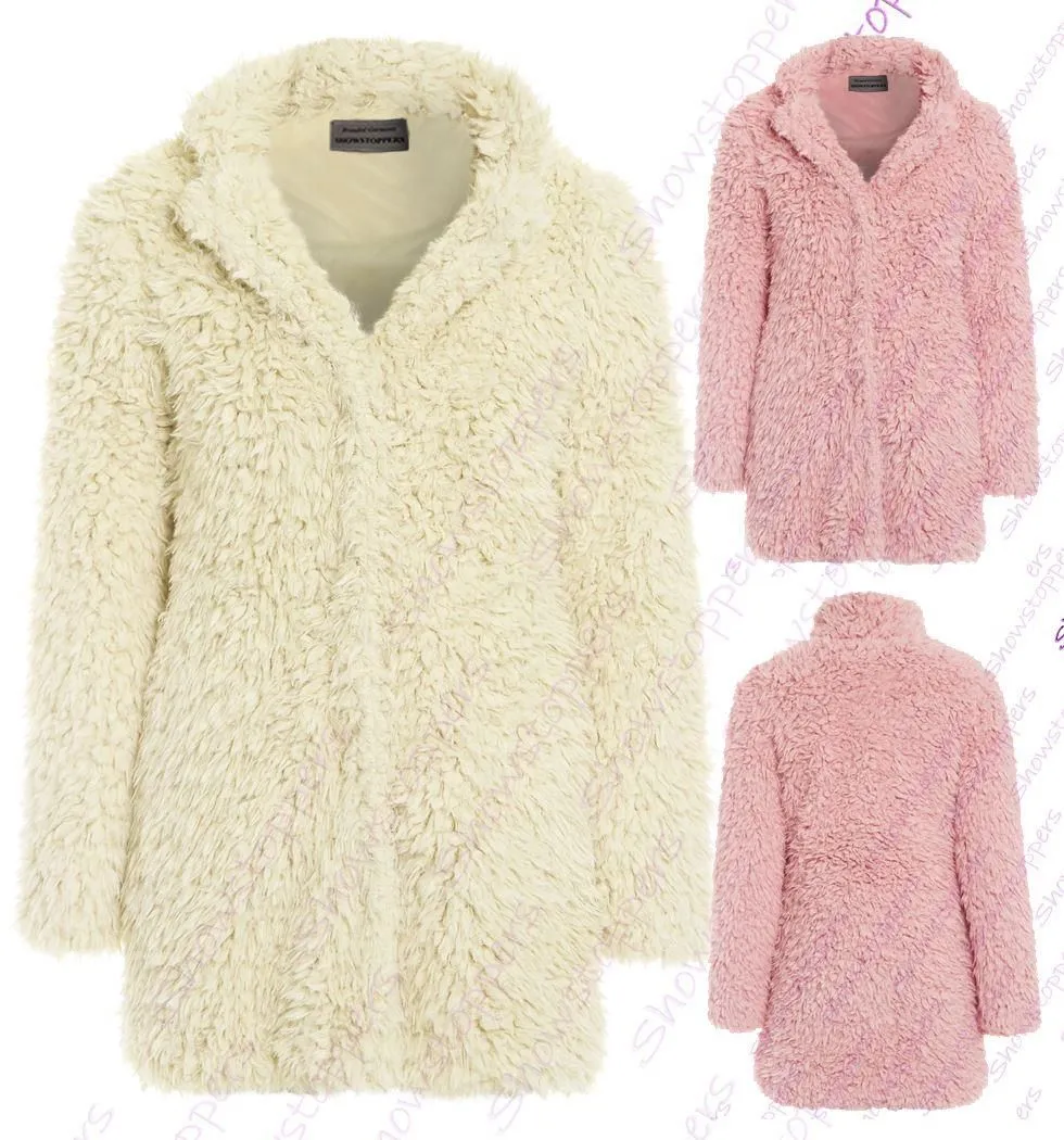 Womens Teddy Faux Fur Coat Pink Cream Long Jacket Size 8 10 12 14 16