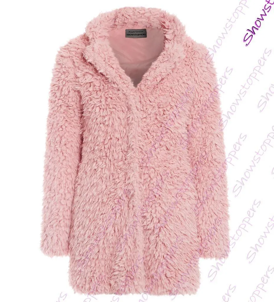 Womens Teddy Faux Fur Coat Pink Cream Long Jacket Size 8 10 12 14 16