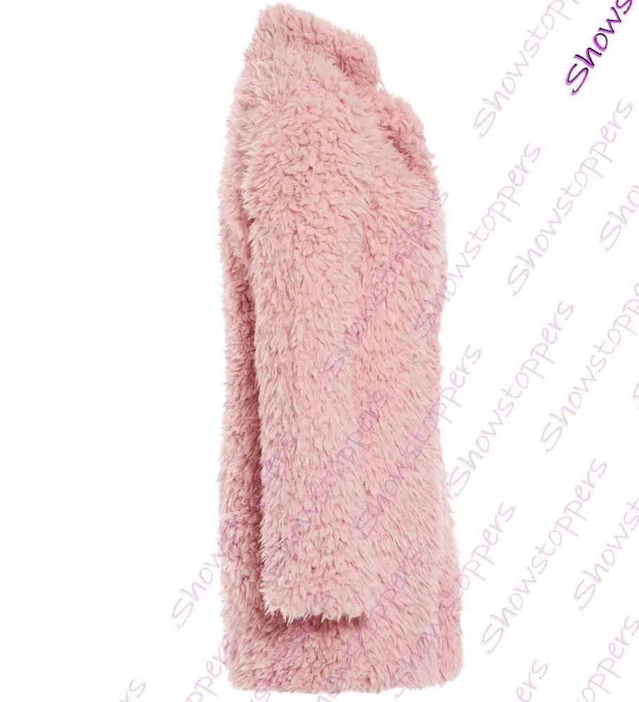 Womens Teddy Faux Fur Coat Pink Cream Long Jacket Size 8 10 12 14 16