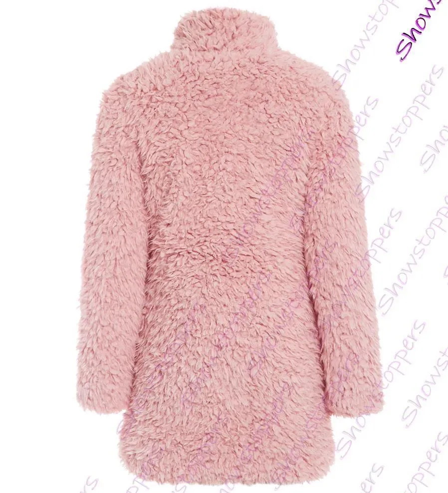 Womens Teddy Faux Fur Coat Pink Cream Long Jacket Size 8 10 12 14 16