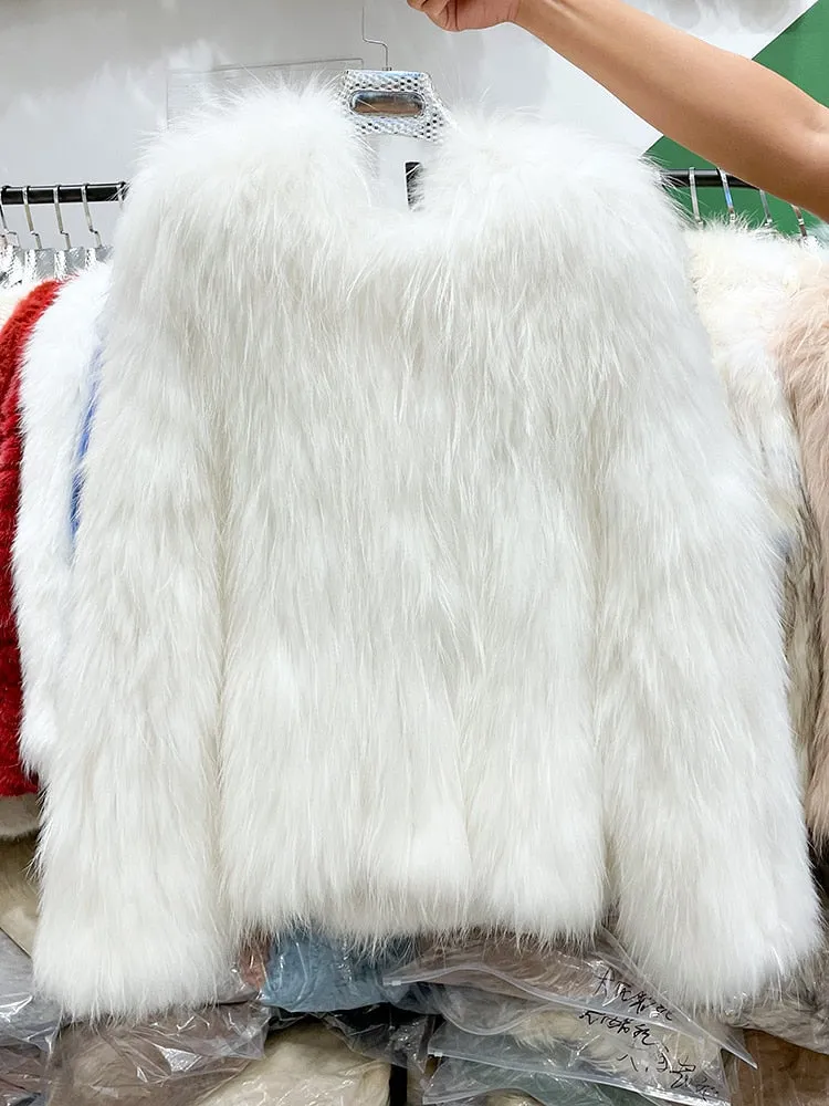 Women's Winter Casual Genuine Natural Raccoon Fur Short Thick Jacket