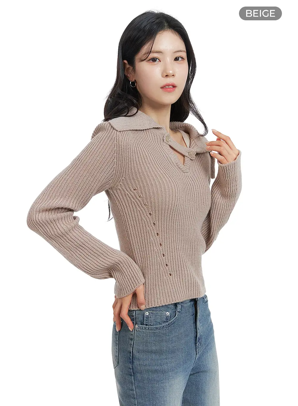 Wool Blend Unbalanced Neck Knit Collar Sweater OM420